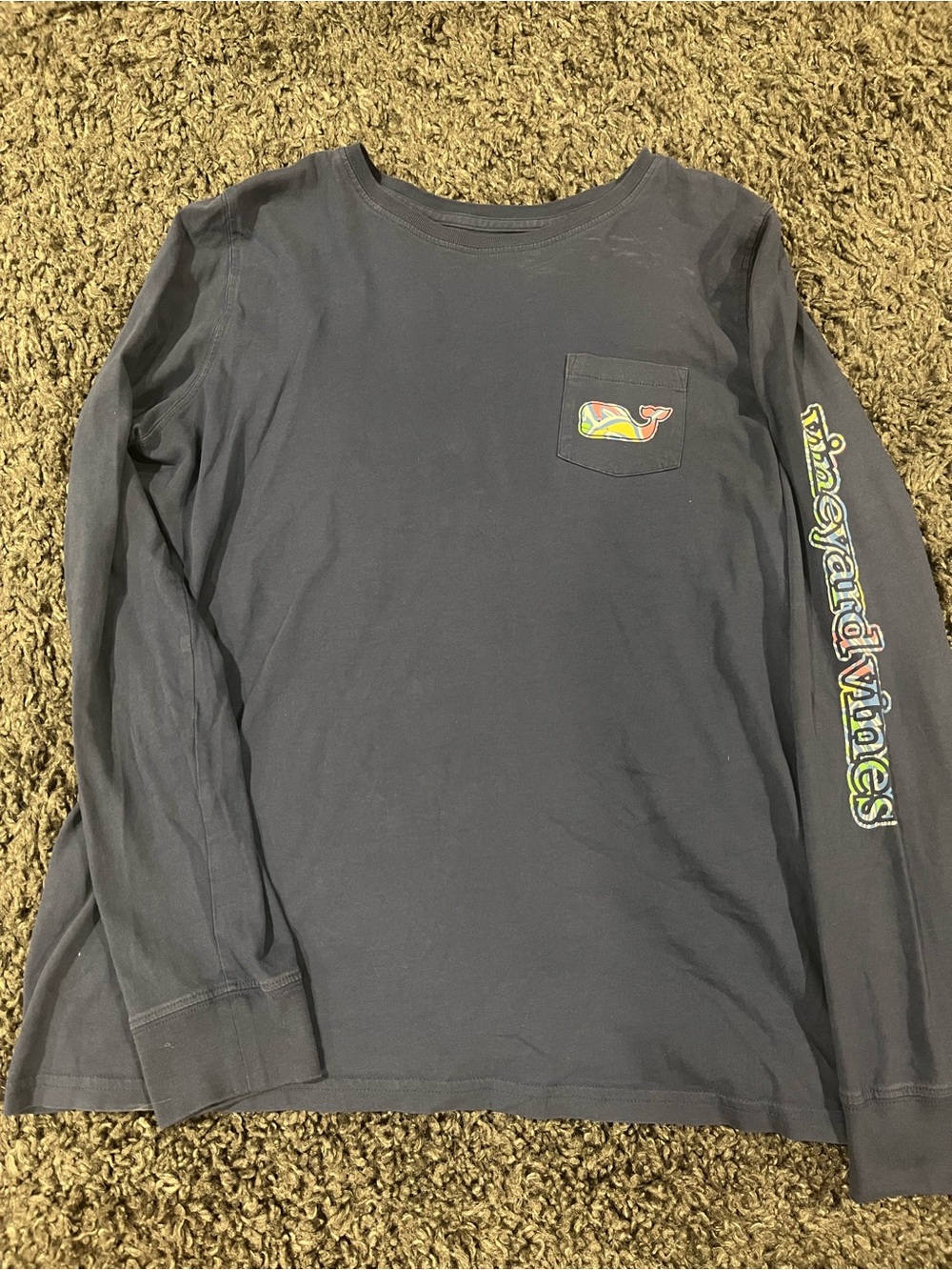 Vineyard Vines Navy Long-Sleeve Pocket Tee Tropical Whale and Sleeve Logo Medium